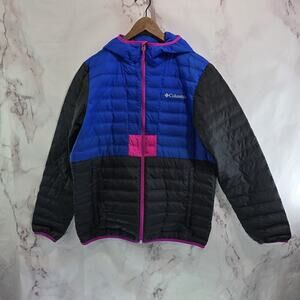 Columbia Down Jacket Mens Medium Blue Pink Black Puffer Coat Retro Colorblock